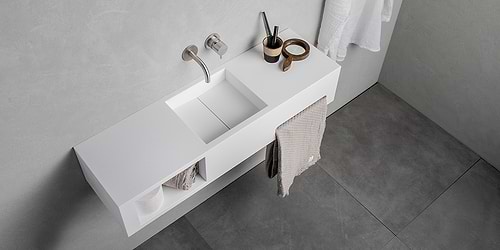 B DUTCH design wastafels, toiletfonteinen, Solid Surface Corian mat witte wastafels voor design badkamer en toilet.