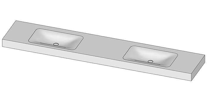 Tekening B DUTCH Wastafel Solid Surface Corian Soft Single 2400. Mat witte dubbele wastafel 240 cm.