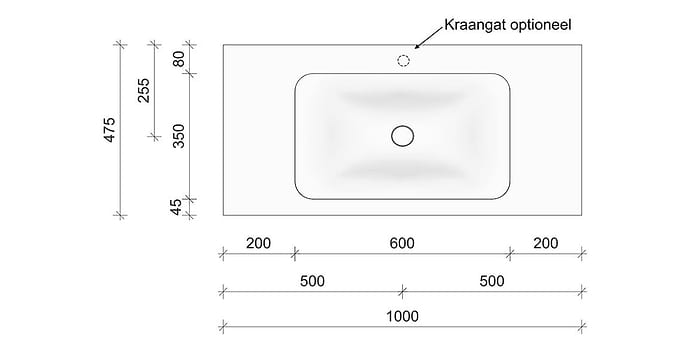 Technische tekening en afmetingen B DUTCH Wastafel Solid Surface Corian Soft Single 1000. Mat witte wastafel 100 cm.