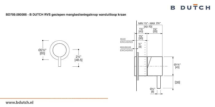 Mengbedieningsknop voor wanduitloop kraan, inbouw wandkraan van B DUTCH. Bekijk de zeer hoogwaardig geslepen RVS design kranen voor badkamers.