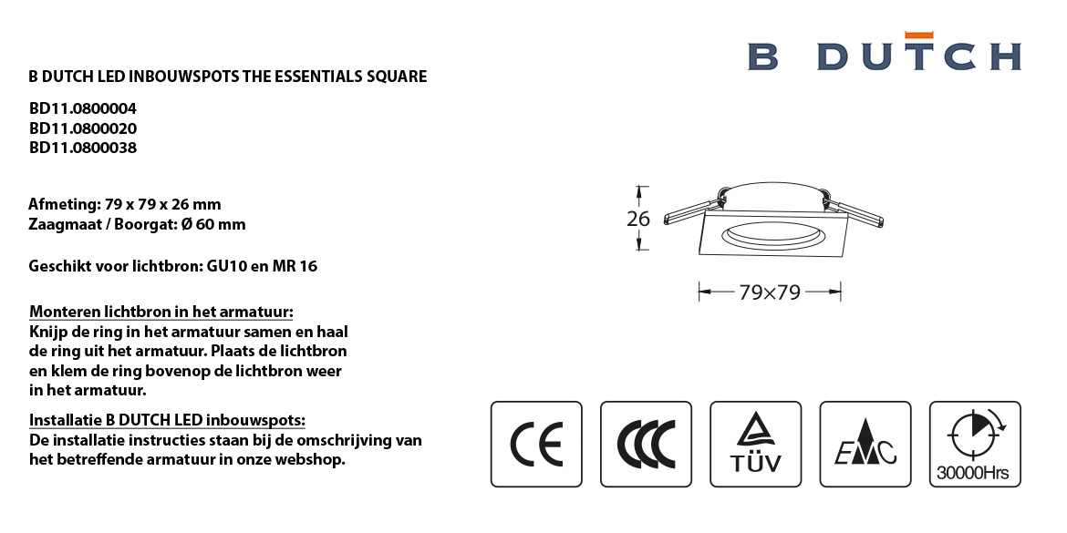 Open ik ben trots zonnebloem B DUTCH LED inbouwspot Square Essential Aluminium (79x79x26mm) - B Dutch