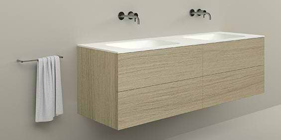 Venezia badkamermeubel van B DUTCH. Dit wastafelmeubel is 170 cm breed. De Venezia is uit te voeren in verschillende breedtes, verschillende Solid Surface wastafels, verschillende diktes van het wastafelblad en verschillende materialen en kleuren van het ondermeubel. High end badmeubel van zeer duurzame materialen en afgewerkt tot in detail. Minimalistisch design badkamermeubel 170 cm breed.