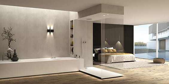 Badkamer en suite. Ligbad en regendouche in slaapkamer. B Dutch design en suite luxe badkamers.