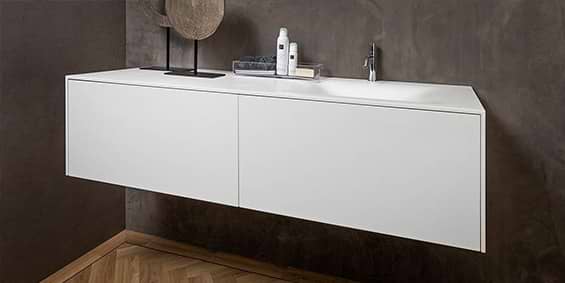 Vrijhangend badkamermeubel Juve in Corian mat wit Solid Surface.