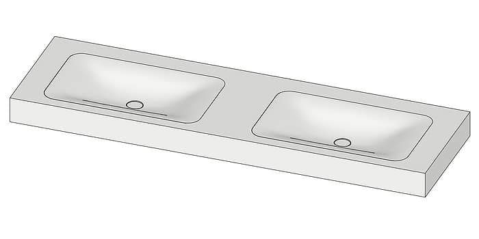 Corian wastafel met dubbele wasbak. Tekening B DUTCH Dubbele Wastafel Solid Surface Corian Soft Double 1600. Mat witte dubbele wastafel 160 cm.