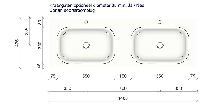 Technische tekening en afmetingen B DUTCH Wastafel Solid Surface Corian Barbados Double 1400. Mat witte dubbele wastafel 140 cm.