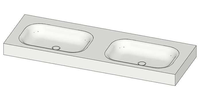 Tekening B DUTCH Wastafel Solid Surface Corian Barbados Double 1400. Mat witte dubbele wastafel 140 cm.