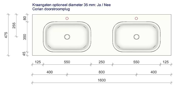 Technische tekening en afmetingen B DUTCH Wastafel Solid Surface Corian Barbados Double 1600. Mat witte dubbele wastafel 160 cm.