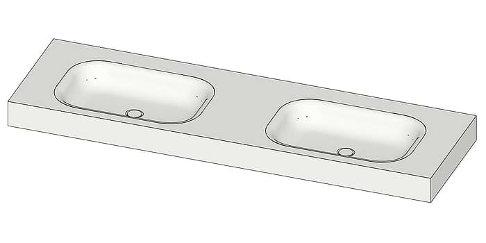 Tekening B DUTCH Wastafel Solid Surface Corian Barbados Double 1600. Mat witte dubbele wastafel 160 cm.