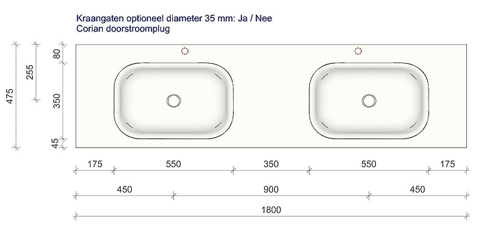 Technische tekening en afmetingen B DUTCH Wastafel Solid Surface Corian Barbados Double 1800. Mat witte dubbele wastafel 180 cm.