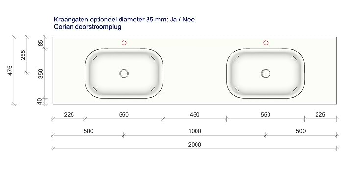 Technische tekening en afmetingen B DUTCH Wastafel Solid Surface Corian Barbados Double 2000. Mat witte dubbele wastafel 200 cm.