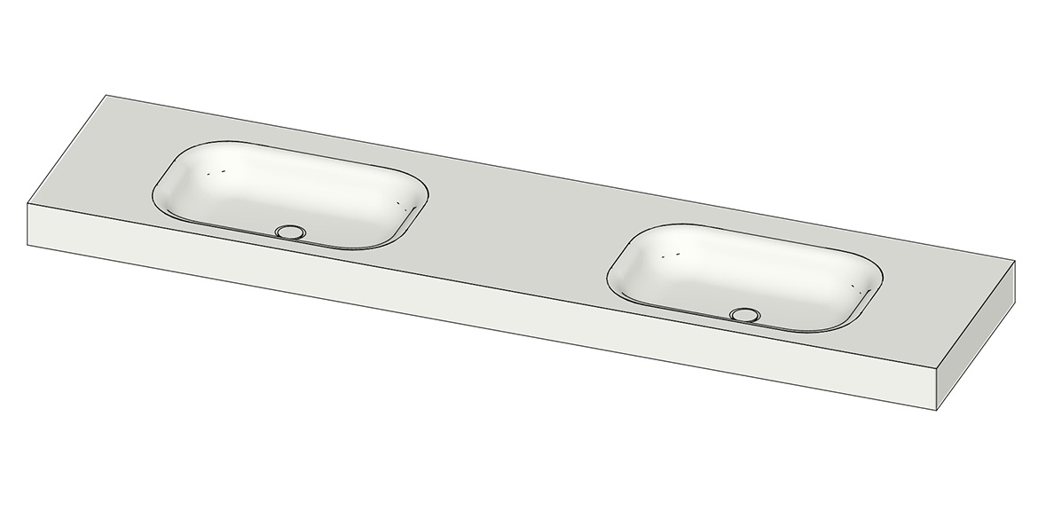 Tekening B DUTCH Wastafel Solid Surface Corian Barbados Double 2000. Mat witte dubbele wastafel 200 cm.