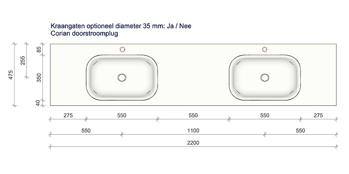 Technische tekening en afmetingen B DUTCH Wastafel Solid Surface Corian Barbados Double 2200. Mat witte dubbele wastafel 220 cm.