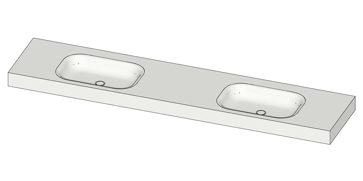 Tekening B DUTCH Wastafel Solid Surface Corian Barbados Double 2200. Mat witte dubbele wastafel 220 cm.