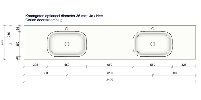 Technische tekening en afmetingen B DUTCH Wastafel Solid Surface Corian Barbados Double 2400. Mat witte dubbele wastafel 240 cm.