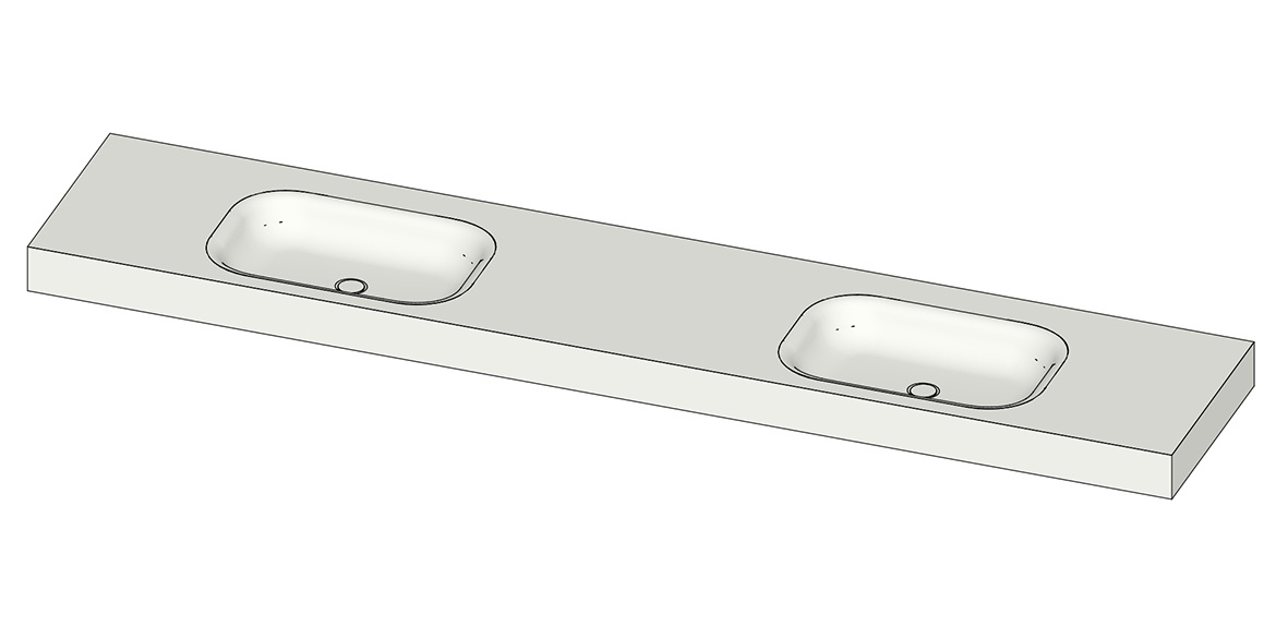 Tekening B DUTCH Wastafel Solid Surface Corian Barbados Double 2400. Mat witte dubbele wastafel 240 cm.