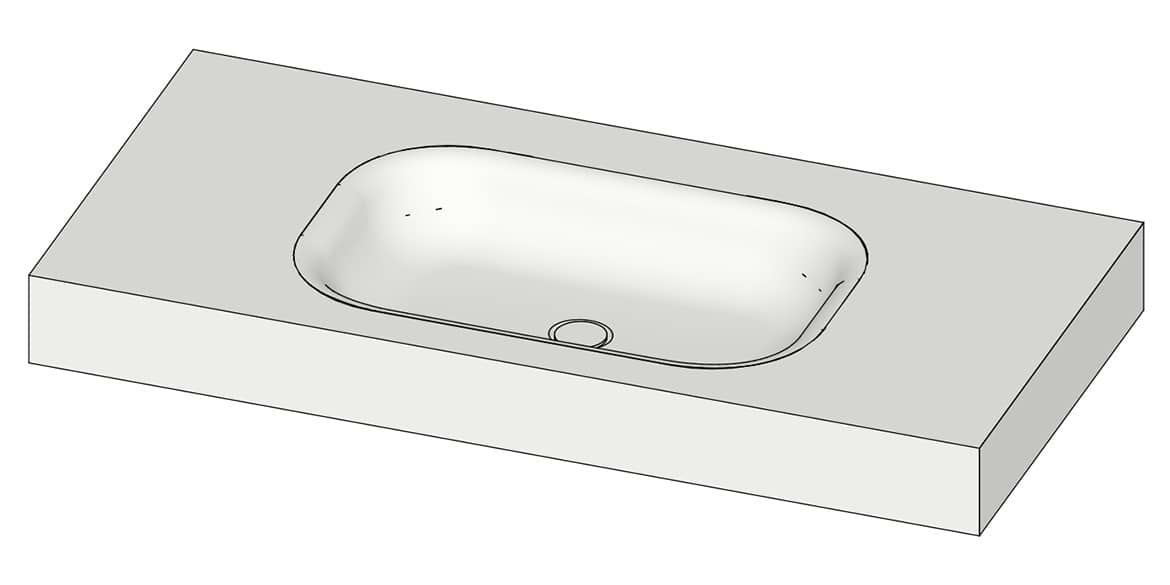 Tekening B DUTCH Wastafel Solid Surface Corian Barbados 1000. Mat witte wastafel 100 cm.