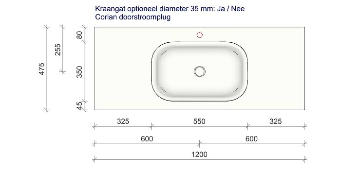 Tekening B DUTCH Wastafel Solid Surface Corian Barbados 1200. Mat witte wastafel 120 cm.