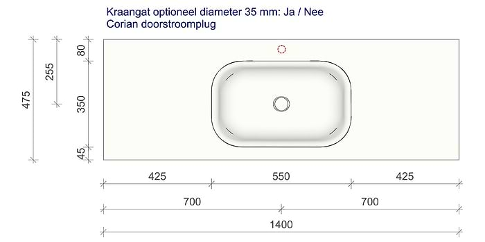 Tekening B DUTCH Wastafel Solid Surface Corian Barbados 1400. Mat witte wastafel 140 cm.