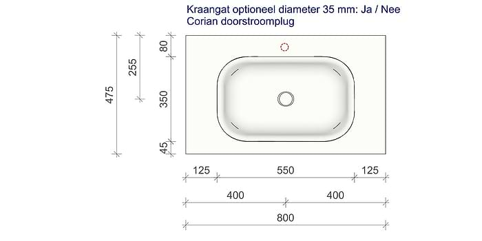 Tekening B DUTCH Wastafel Solid Surface Corian Barbados 800. Mat witte wastafel 80 cm.