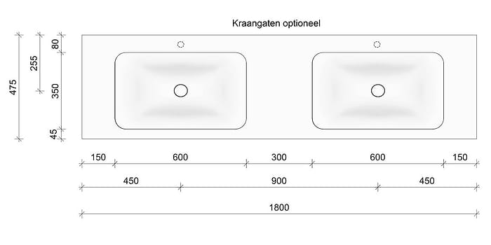 Technische tekening en afmetingen B DUTCH Wastafel Solid Surface Corian Soft Single 1800. Mat witte dubbele wastafel 180 cm.