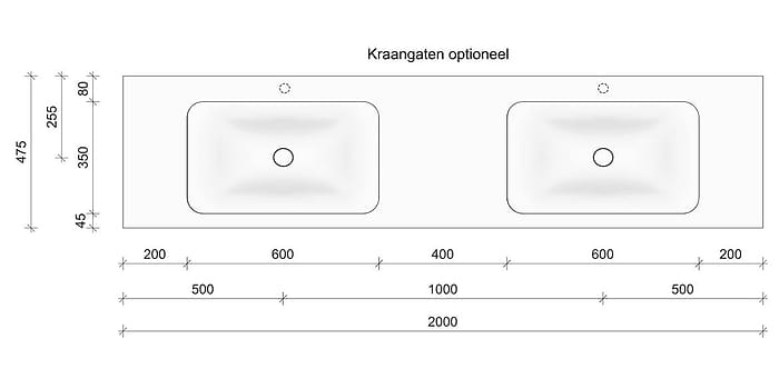 Technische tekening en afmetingen B DUTCH Wastafel Solid Surface Corian Soft Single 2000. Mat witte dubbele wastafel 200 cm.