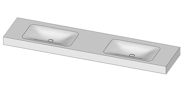 Tekening B DUTCH Wastafel Solid Surface Corian Soft Single 2000. Mat witte dubbele wastafel 200 cm.