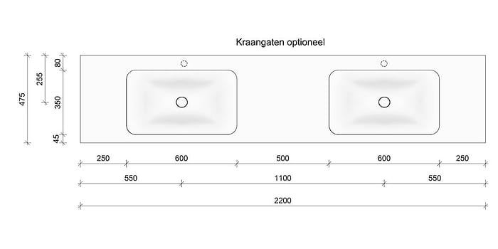 Technische tekening en afmetingen B DUTCH Wastafel Solid Surface Corian Soft Single 2200. Mat witte dubbele wastafel 220 cm.