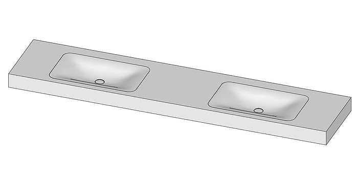 Tekening B DUTCH Wastafel Solid Surface Corian Soft Single 2200. Mat witte dubbele wastafel 220 cm.