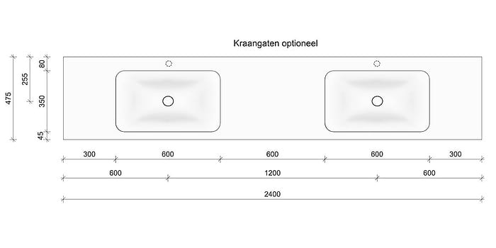 Technische tekening en afmetingen B DUTCH Wastafel Solid Surface Corian Soft Single 2400. Mat witte dubbele wastafel 240 cm.