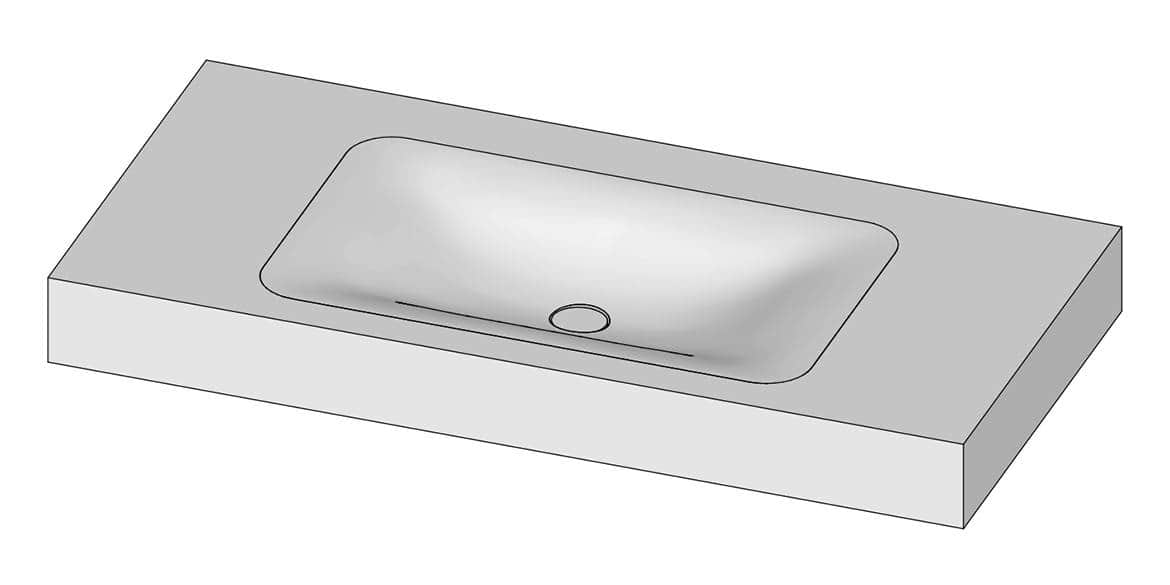 Tekening B DUTCH Wastafel Solid Surface Corian Soft Single 1000. Mat witte wastafel 100 cm.
