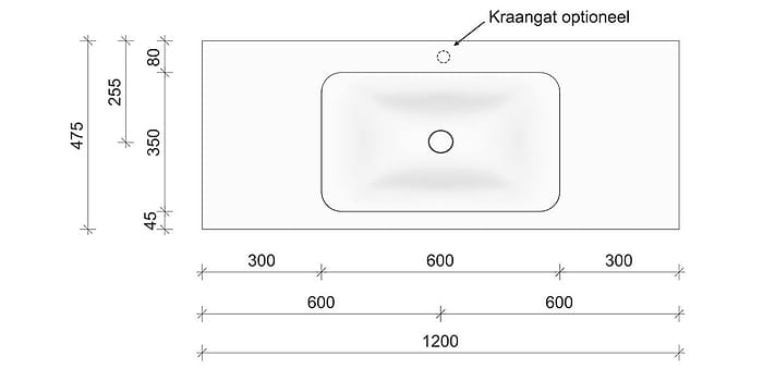 Technische tekening en afmetingen B DUTCH Wastafel Solid Surface Corian Soft Single 1200. Mat witte wastafel 120 cm.