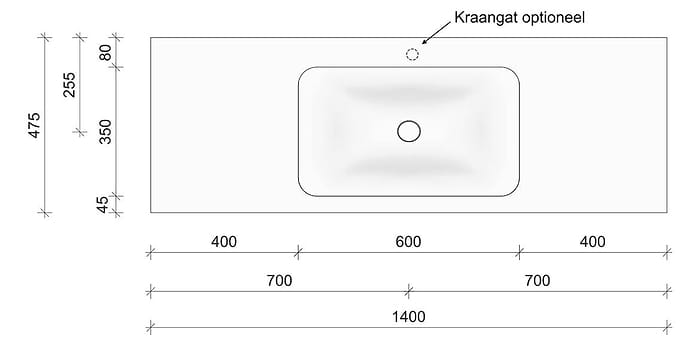 Technische tekening en afmetingen B DUTCH Wastafel Solid Surface Corian Soft Single 1400. Mat witte wastafel 140 cm.