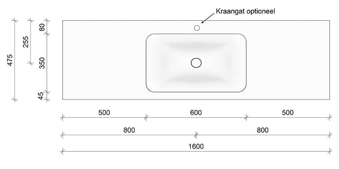 Technische tekening en afmetingen B DUTCH Wastafel Solid Surface Corian Soft Single 1600. Mat witte wastafel 160 cm.