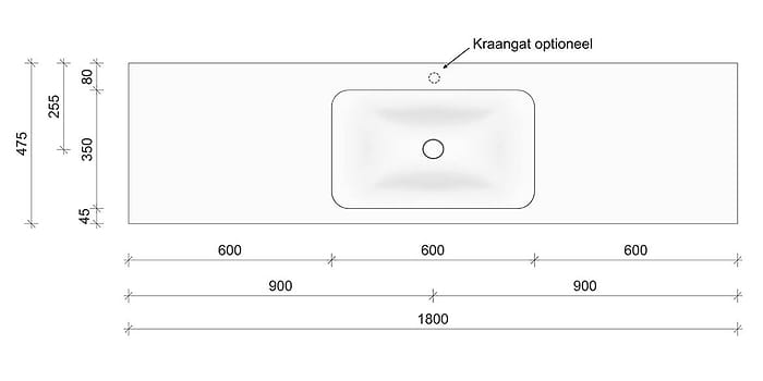 Technische tekening en afmetingen B DUTCH Wastafel Solid Surface Corian Soft Single 1800. Mat witte wastafel 180 cm.