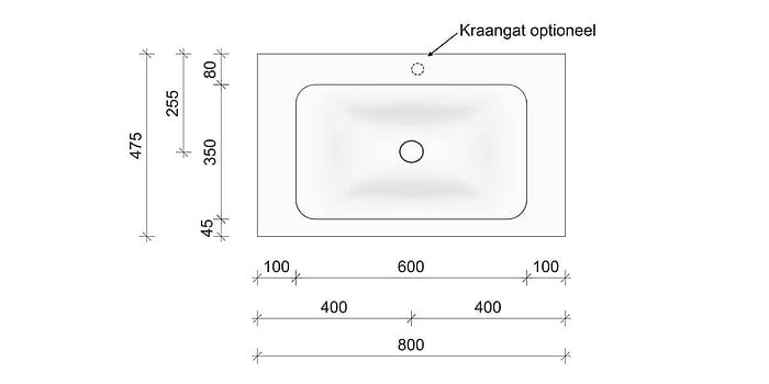 Technische tekening en afmetingen B DUTCH Wastafel Solid Surface Corian Soft Single 800. Mat witte wastafel 80 cm.
