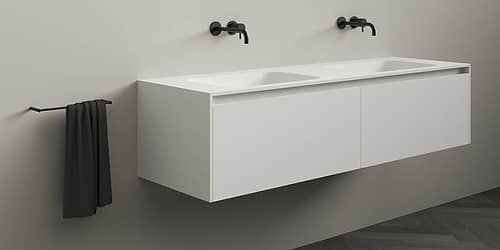 Corian badmeubel Juve Greep. Solid Surface Corian badmeubel met (dubbele) wastafel. Modern strak design B Dutch badkamermeubel van topkwaliteit Solid Surface, Corian Glacier. Dit design mat witte badmeubel is verkrijgbaar in diverse afmetingen. Badmeubel mat wit.