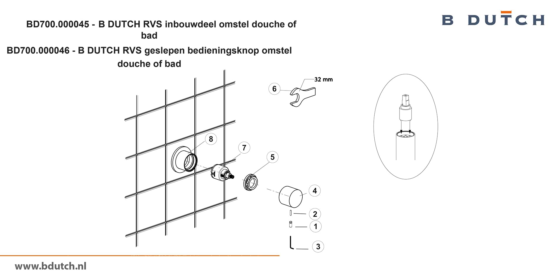 Bedieningsknop omstel voor B DUTCH badkraan en voor B DUTCH douchekraan. Zeer hoogwaardig geslepen RVS. B DUTCH biedt een topkwaliteit design collectie RVS badkranen, een compleet assortiment.