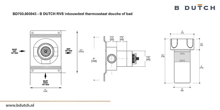 Bedieningsknop inbouwdeel thermosstaatkraan, voor B DUTCH thermosstaat badkraan en voor B DUTCH thermosstaat douchekraan. Zeer hoogwaardig geslepen RVS. B DUTCH biedt een topkwaliteit design collectie RVS badkranen, een compleet assortiment.