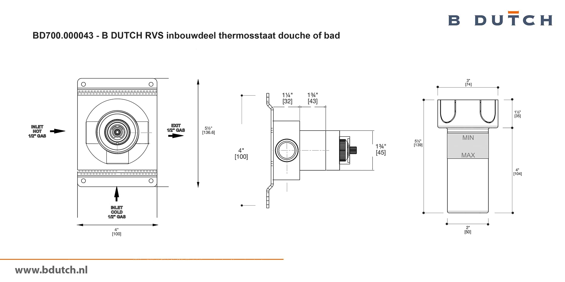 Bedieningsknop inbouwdeel thermosstaatkraan, voor B DUTCH thermosstaat badkraan en voor B DUTCH thermosstaat douchekraan. Zeer hoogwaardig geslepen RVS. B DUTCH biedt een topkwaliteit design collectie RVS badkranen, een compleet assortiment.