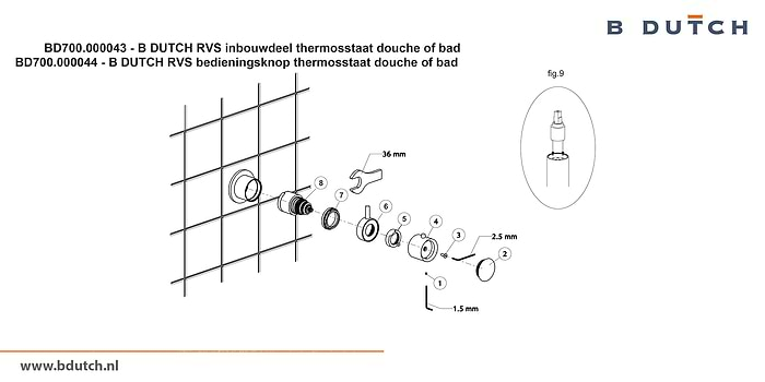 Bedieningsknop inbouwdeel thermosstaatkraan, voor B DUTCH thermosstaat badkraan en voor B DUTCH thermosstaat douchekraan. Zeer hoogwaardig geslepen RVS. B DUTCH biedt een topkwaliteit design collectie RVS badkranen, een compleet assortiment.