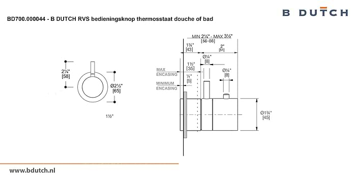 Bedieningsknop inbouwdeel thermosstaatkraan, voor B DUTCH thermosstaat badkraan en voor B DUTCH thermosstaat douchekraan. Zeer hoogwaardig geslepen RVS. B DUTCH biedt een topkwaliteit design collectie RVS badkranen, een compleet assortiment.