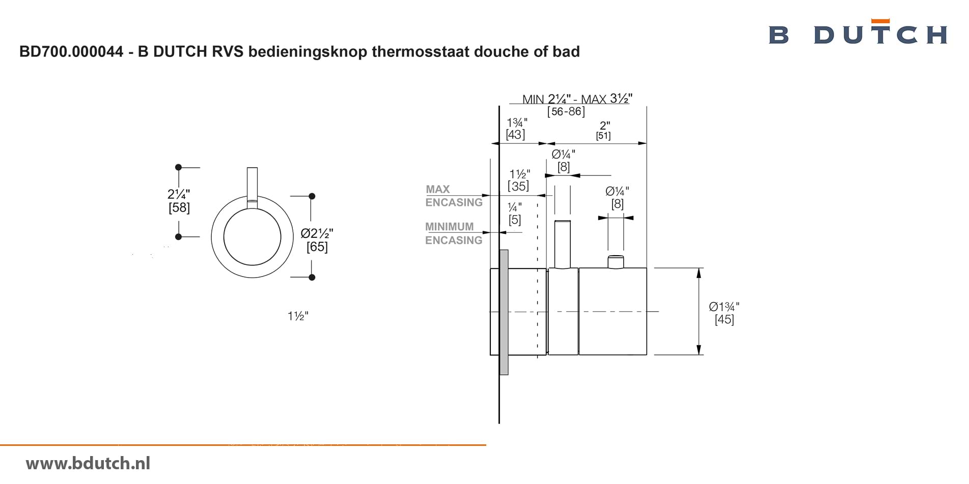 Bedieningsknop inbouwdeel thermosstaatkraan, voor B DUTCH thermosstaat badkraan en voor B DUTCH thermosstaat douchekraan. Zeer hoogwaardig geslepen RVS. B DUTCH biedt een topkwaliteit design collectie RVS badkranen, een compleet assortiment.