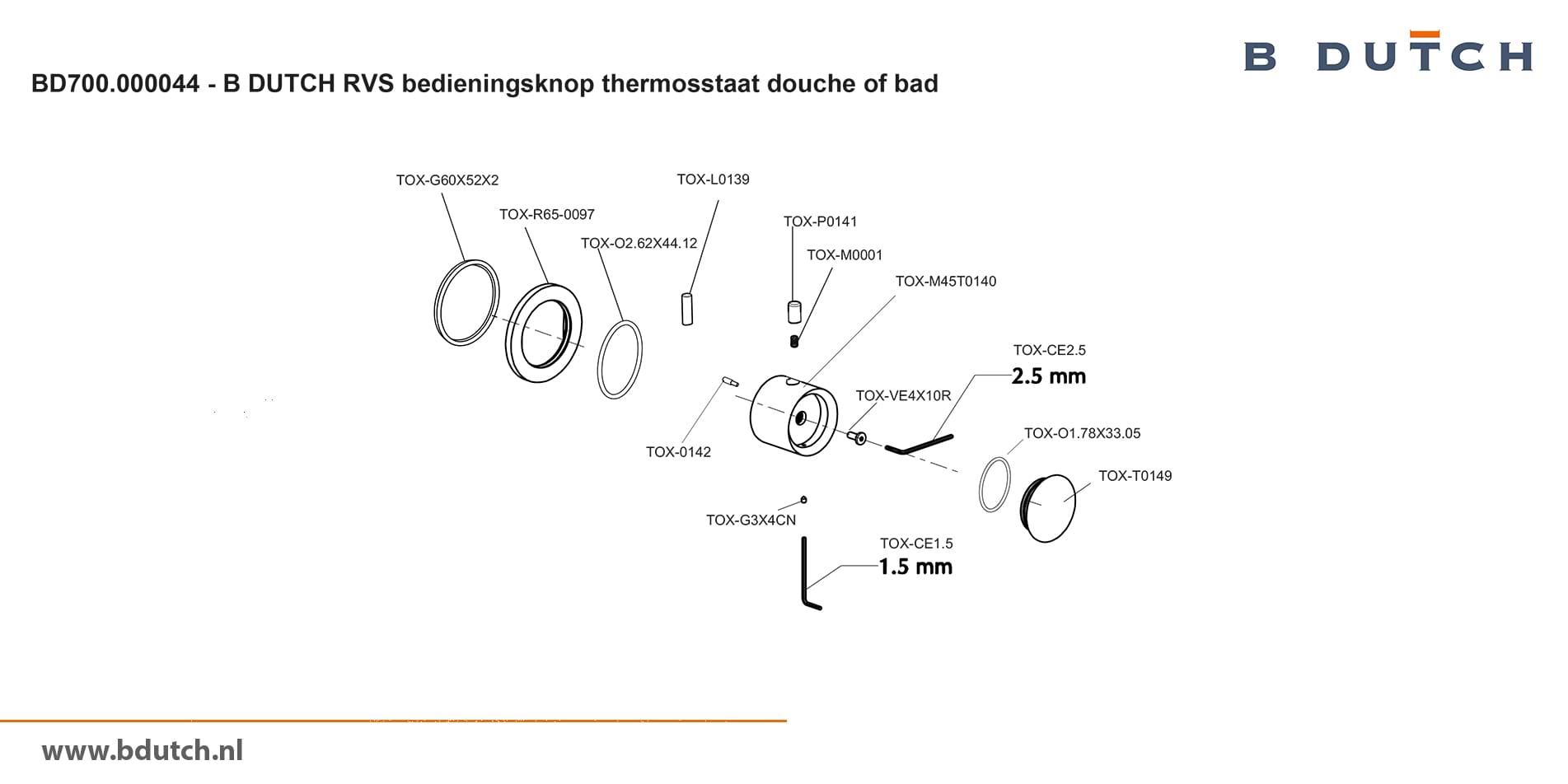 Bedieningsknop inbouwdeel thermosstaatkraan, voor B DUTCH thermosstaat badkraan en voor B DUTCH thermosstaat douchekraan. Zeer hoogwaardig geslepen RVS. B DUTCH biedt een topkwaliteit design collectie RVS badkranen, een compleet assortiment.