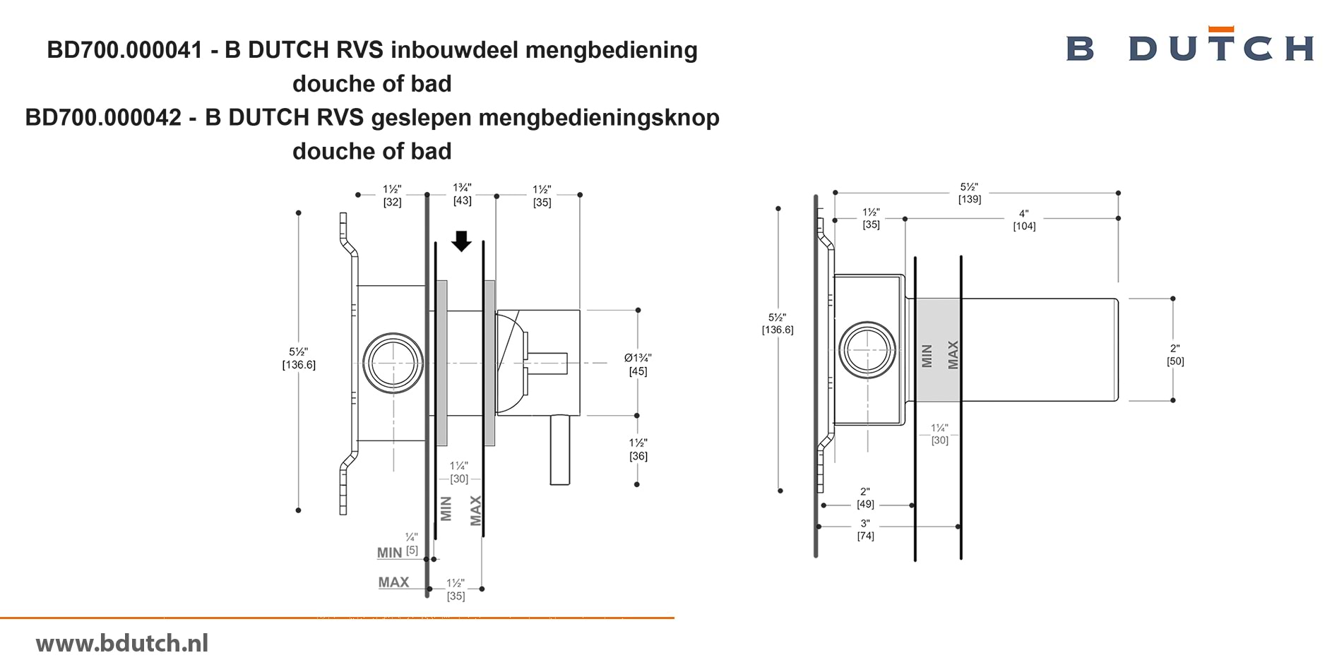 Bedieningsknop inbouwdeel mengkraan, voor B DUTCH badkraan en voor B DUTCH douchekraan. Zeer hoogwaardig geslepen RVS. B DUTCH biedt een topkwaliteit design collectie RVS badkranen, een compleet assortiment.