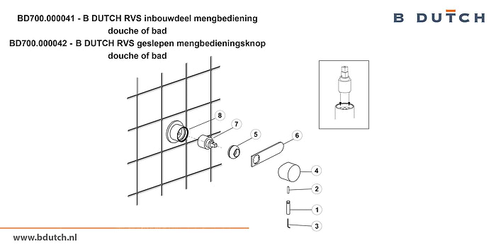 Bedieningsknop inbouwdeel mengkraan, voor B DUTCH badkraan en voor B DUTCH douchekraan. Zeer hoogwaardig geslepen RVS. B DUTCH biedt een topkwaliteit design collectie RVS badkranen, een compleet assortiment.