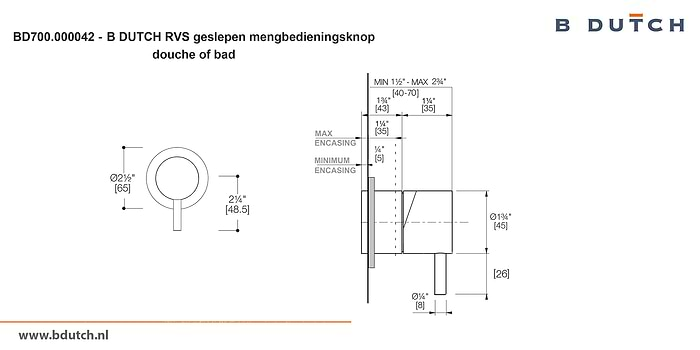 Bedieningsknop, mengkraan, voor B DUTCH badkraan en voor B DUTCH douchekraan. Zeer hoogwaardig geslepen RVS. B DUTCH biedt een topkwaliteit design collectie RVS badkranen, een compleet assortiment.