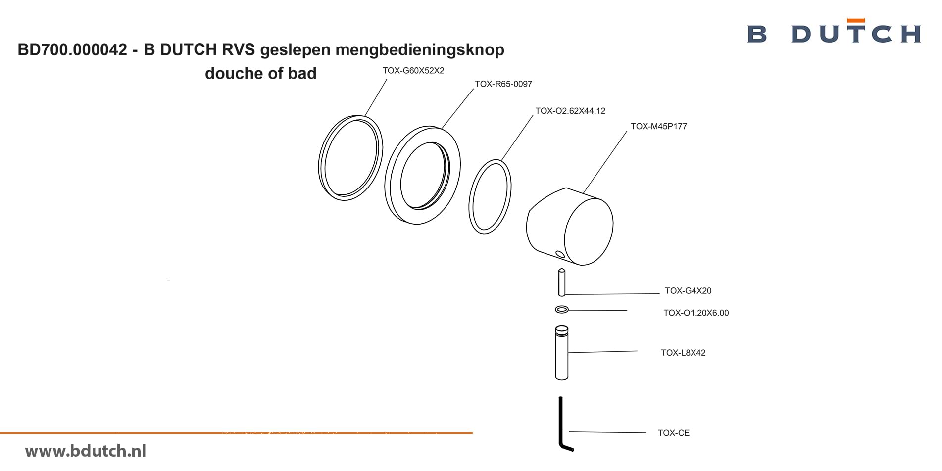 Bedieningsknop voor B DUTCH badkraan en voor B DUTCH douchekraan. Zeer hoogwaardig geslepen RVS. B DUTCH biedt een topkwaliteit design collectie RVS badkranen, een compleet assortiment.