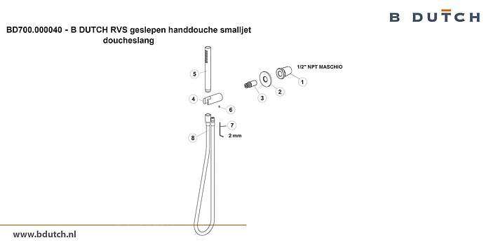 Handdouche, smalljet doucheslang van B DUTCH. Zeer hoogwaardig geslepen RVS handdouche. Bekijk de design kranen van zeer hoogwaardig RVS van B DUTCH. Topkwaliteit badkranen.