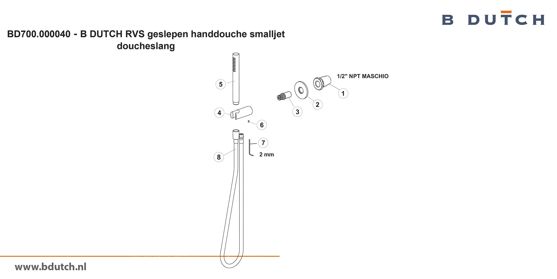 Handdouche, smalljet doucheslang van B DUTCH. Zeer hoogwaardig geslepen RVS handdouche. Bekijk de design kranen van zeer hoogwaardig RVS van B DUTCH. Topkwaliteit badkranen.